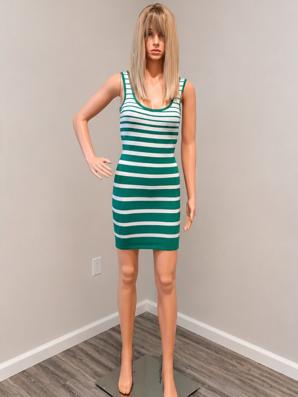 Mango Green and White Striped Knit Mini Dress